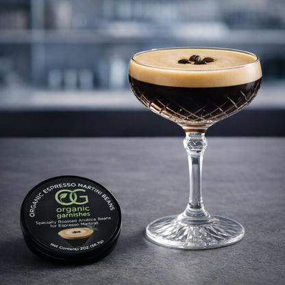 ORGANIC ESPRESSO MARTINI BEANS - MARTINI GARNISH FOR COCKTAILS - EDIBLE DARK ROAST ESPRESSO BEANS - OG ORGANIC GARNISHES - CRAFT COCKTAIL - HOME BARTENDER - MIXOLOGY - 2oz TIN
