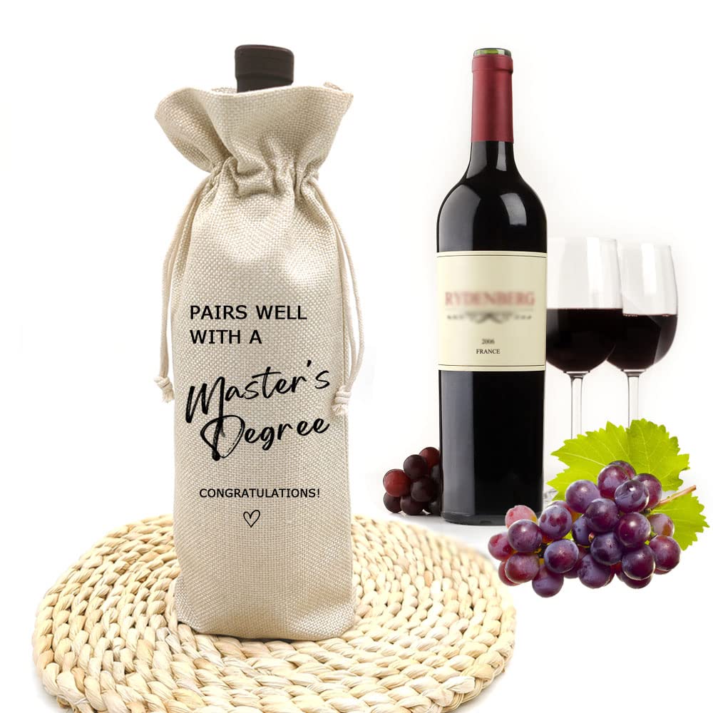 Master's Degree Gift Wine Bag, Graduation Wine Gift Bags, Funny Graduation Gift, Party Supplies, Class of 2025, Party Favors, Drawstring Wine Bag - Pairs Well With a Master's Degree