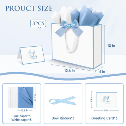 Ethhqu 3 Pack Elegant Large Gift Bags with Handles, 12.6x10x4 Inch - Set Includes Tissue Paper & Cards for Birthday, Baby Shower, Wedding, Anniversary, Mothers Day & Holiday Gifts (3Pcs White with Blue Rim)