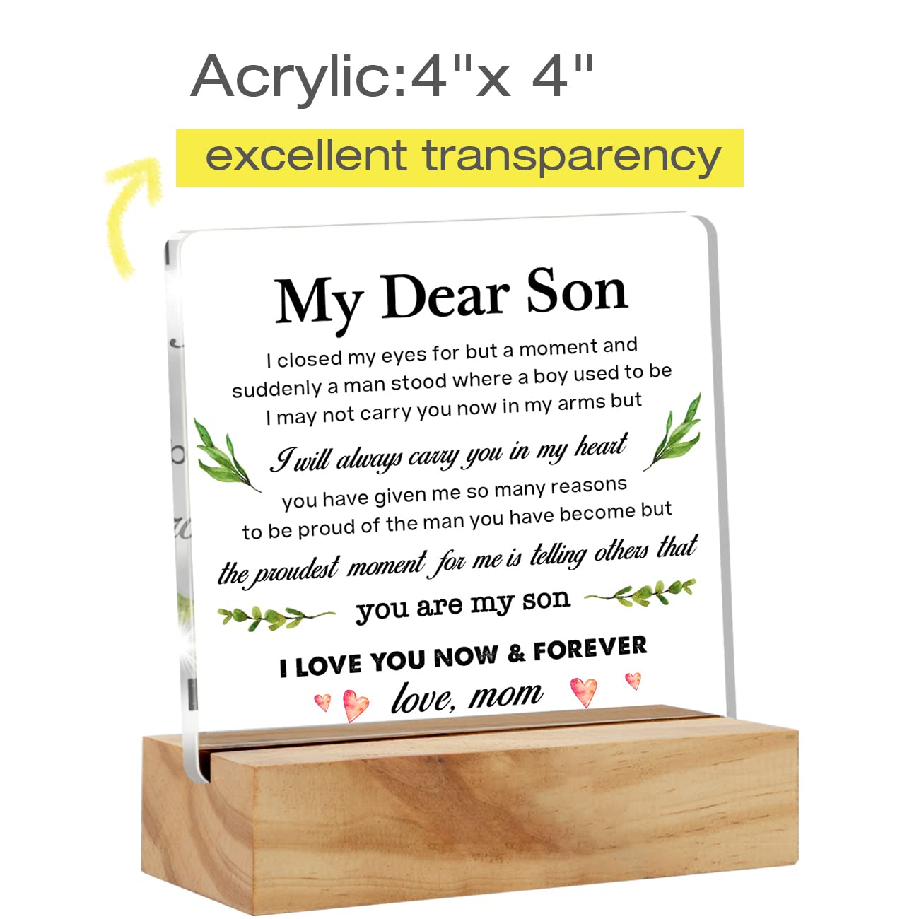 Mom's Gift to My Son: Acrylic Desk Plaque Sign with Wood Stand for Home Office
