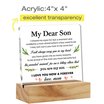 Mom's Gift to My Son: Acrylic Desk Plaque Sign with Wood Stand for Home Office