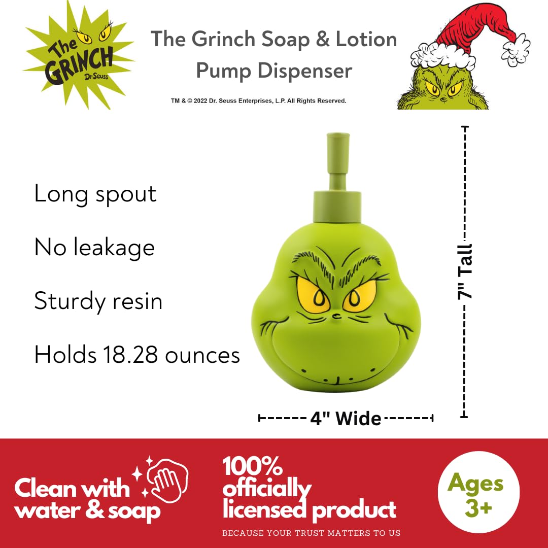 Dr. Seuss The Grinch Holiday Christmas Soap/Lotion/Hand Sanitizer Resin Pump Dispenser, 18.28 Ounces, (Officially Licensed Product) by Franco Collectibles