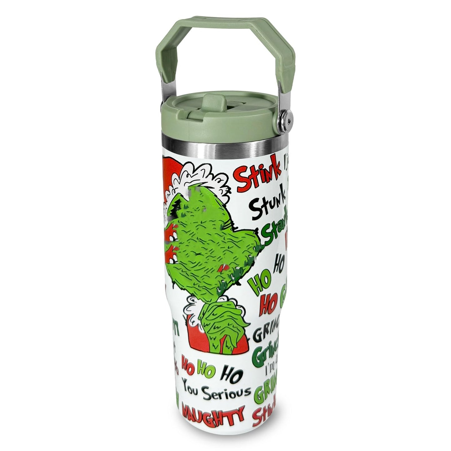 30 oz Christmas Grinchi Tumbler with Handle and 2 Straw, 100% Leak Proof 304 Stainless Steel Tumbler, Christmas Gift 30oz Tumblers (Grinchi 9)
