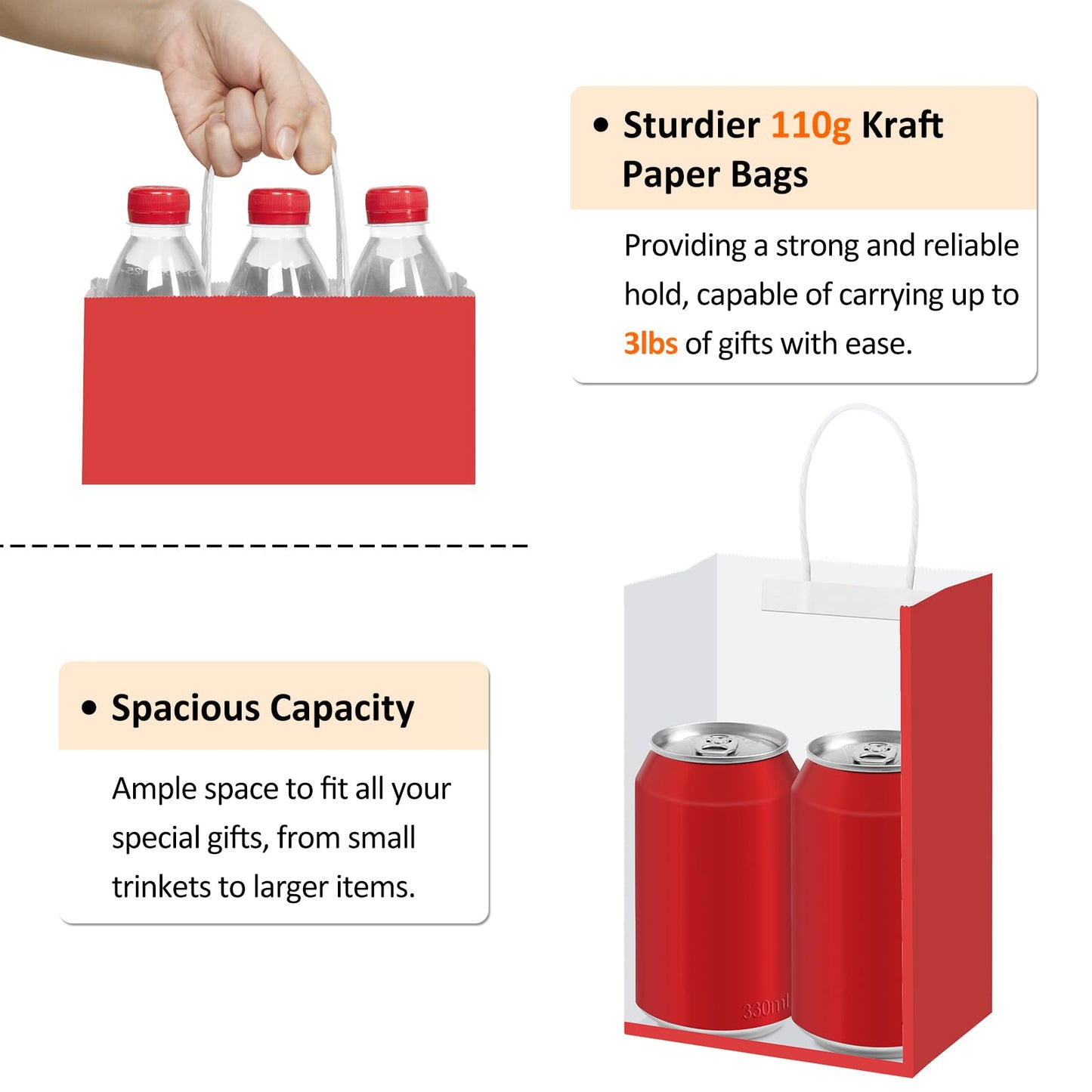 BagDream 5.25x3x8 Inch 100Pcs Small Gift Bags with Handles Red Kraft Paper Bags Bulk for Christmas, Wedding, Party Favors, Business, Retail, Grocery Paper Sacks