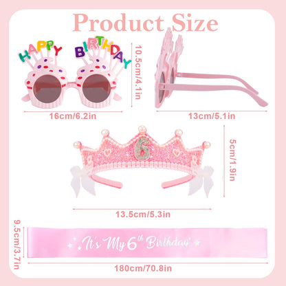 6th Birthday Girl Gift Set - 6th Birthday Sash, Glitter Crown & Cupcake Glasses, 6 Year Old Girl Birthdays Gifts, Princess Birth day Party Decorations for Girls