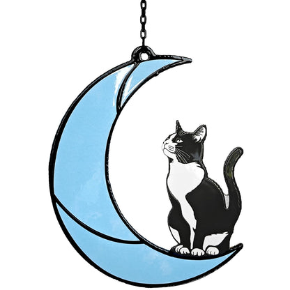 Black and White Cat Moon Suncatcher - Cat Loss Sympathy Gift, Tuxedo Stained Glass Hanging Ornament for Memorial Home Decor
