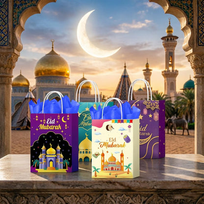 CMSSHUAI 12 Pcs Eid Mubarak Gift Bags, Ramadan Gift Bags Paper Eid Goody Bags with Handles Ramadan Treat Party Favors Supplies Eid Party Decoration