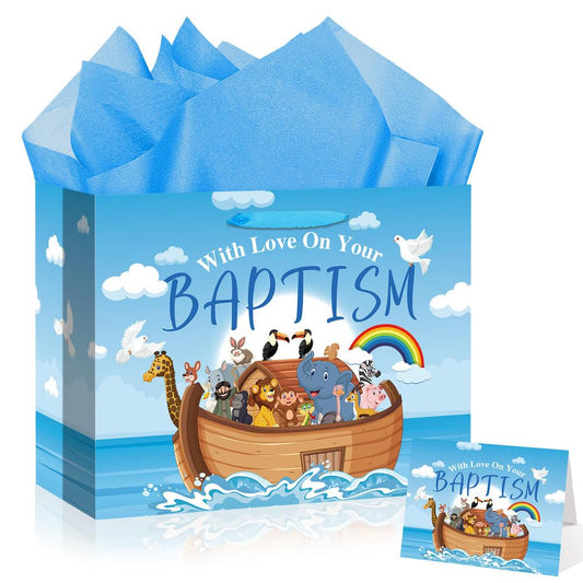 Neptniopllab Large Baptism Gift Bags for Boys,Blue Religious Christian Birthday Gift Bag with Greeting Card and Tissue Paper for Baby Boy First Communions Baptism Christenings (Baptism)