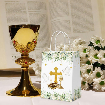 AIBIIN 24PCS Baptism Gift Bags with Handles Greenery Christening First Holy Communion Party Favors Mi Primera Comunion God Bless Goodie Treat Candy Paper Bags Party Decorations Supplies
