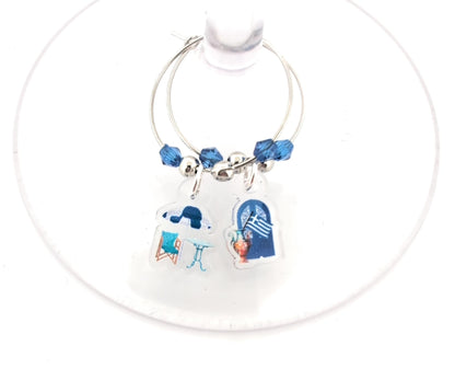 Pixie Greece Wine Glass Charms, Greek Gift 6 Piece Set – Santorini & Parthenon Glass Tag Identifiers, Greek Flag, Greece Theme Party Favors - Acrylic
