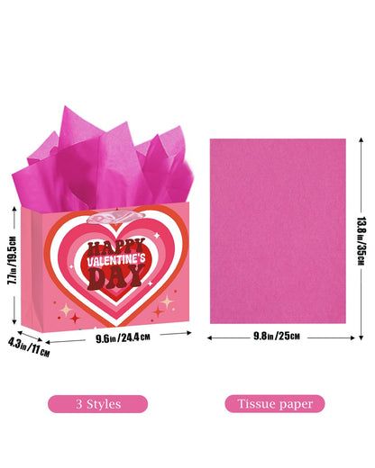 qiqee Heart Valentine Gift Bag with Tissue Paper Wide Medium Present Wrap Bags for Women Girlfriend Classroom Happy Valentine's Day (3 PCS Medium + Tissue Papers)