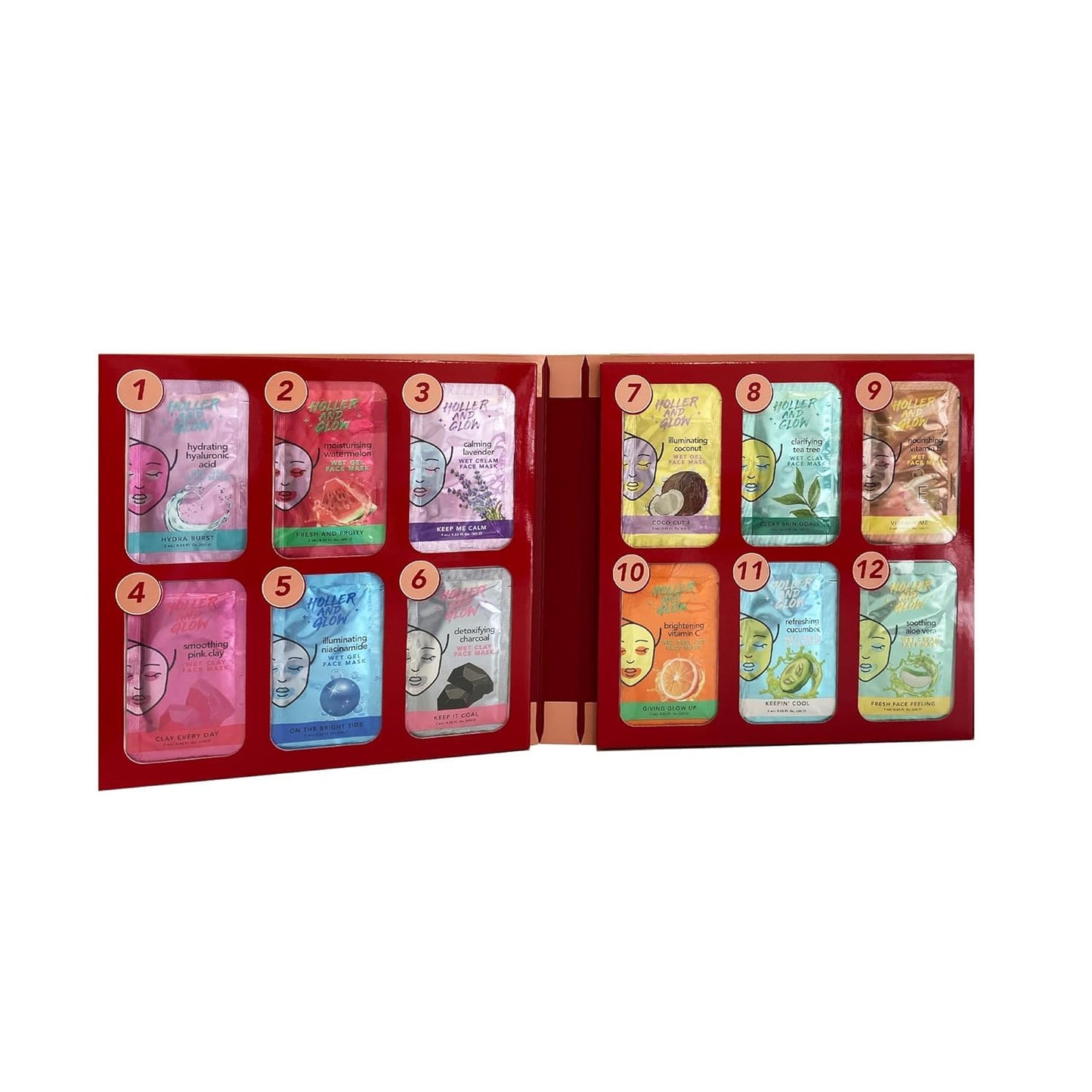 Holler And Glow 12 Days of Self Care Facial Mask Set, Valentine's, Hydrating Hyaluronic Acid, Moisturizing, Calming, Illuminating, Smoothing, Detoxifying, Brightening Vitamin C, 12 Piece Gift Set