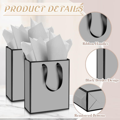 Yeaqee 24 Pack Metallic Paper Gift Bags with Handle and Tissue 9x7x3.1 Gold Foil Welcome Thank You Favor Bags Return Gifts for Wedding Graduation Bridesmaid Groomsmen Birthday(Gray, Black)