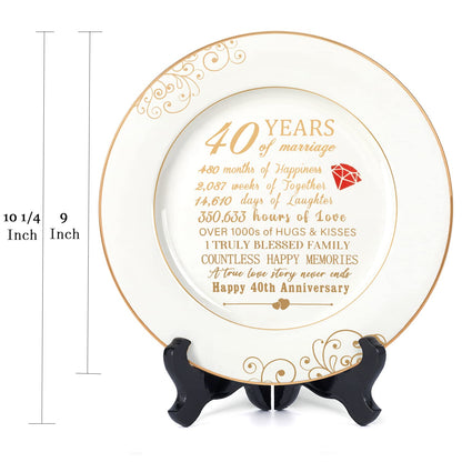 Urllinz 40th Anniversary Wedding Gifts for Wife - 40 Year Anniversaty Plate with 24k Gold Foil, Happy Decorations for Couple Parents Him Her Husband, Ceramic 9"