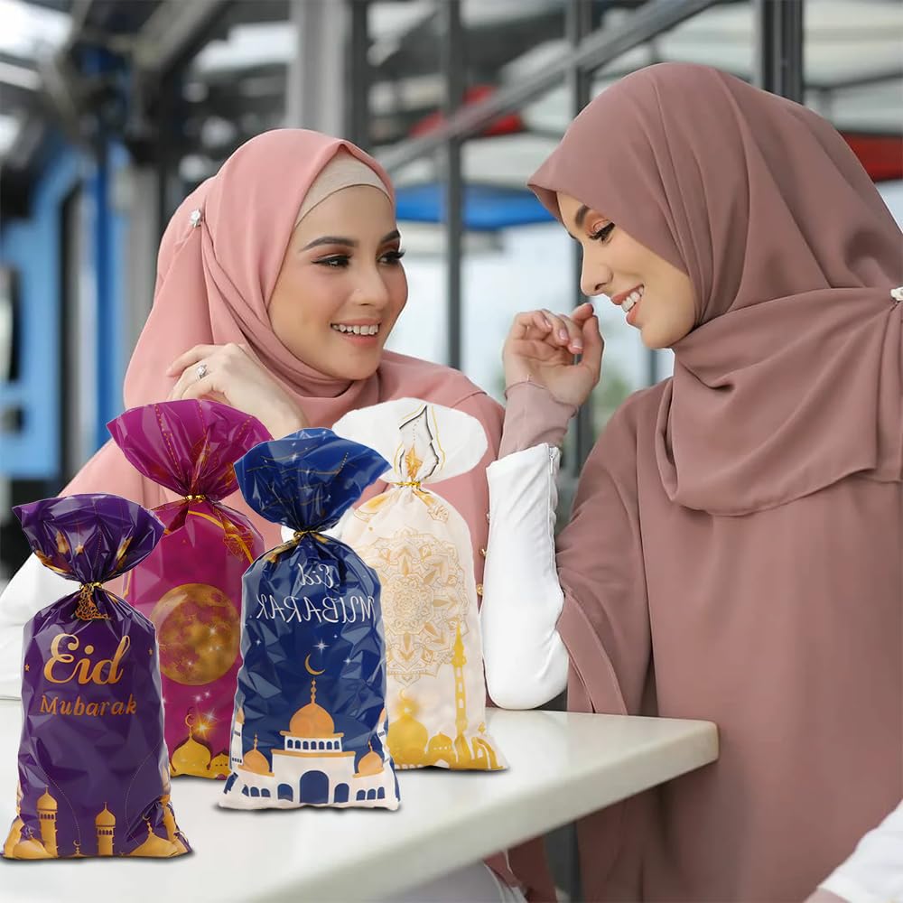 Eid Mubarak Treat Bags, 120 PCS Ramadan Goodie Bags, Eid Mubarak Gift Bag, Plastic Ramadan Candy Cookie Snack Treat Bag with Twist Ties Gifts for Islam Muslim Ramadan Party Decorations Favor Supplies