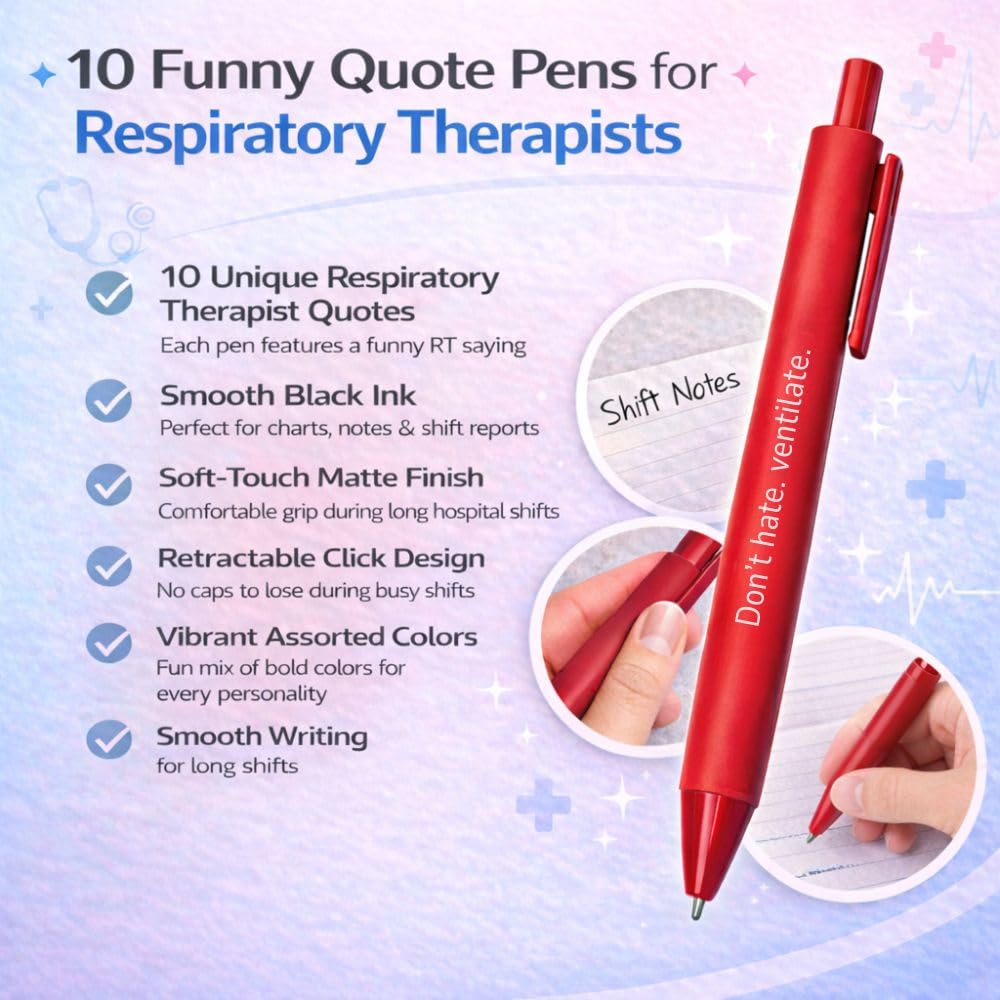 10PC Respiratory Therapist Pens Funny Motivational Quotes Medical Writing Supplies Lung Care Accessories Healthcare Humor Gifts Set For Medical Department RT Pulmonary Specialist Pulmonologist CRT