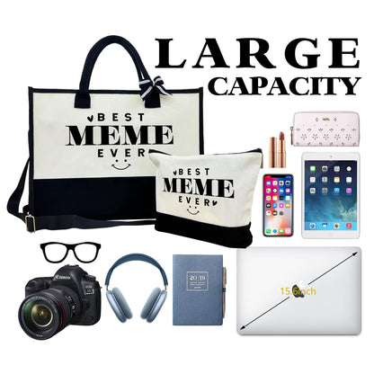Canvas Beach Tote Bag for Women - Gift for Best Meme Ever, Birthday Present, Mother's Day - Outing Bag With Inner Pocket & Make Up Bag