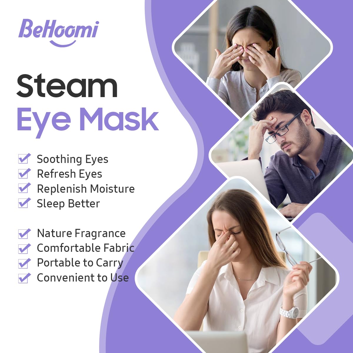 BeHoomi Steam Eye Mask, 10Packs Heated Eye Mask, Self Heating Disposable SPA Warm Compress for Eyes Sleep Mask, Travel Essentials & Relaxation Gifts for Women (Lavender Scent)