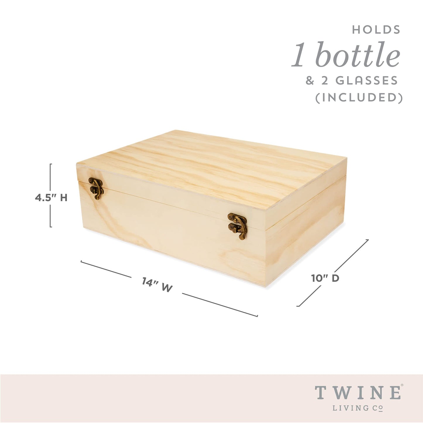Twine Champagne Bottle Gift Box, Wine Box with Lid and 2 Stemless Flutes, Packing Straw, Holds 1 Champagne Bottle, Wood