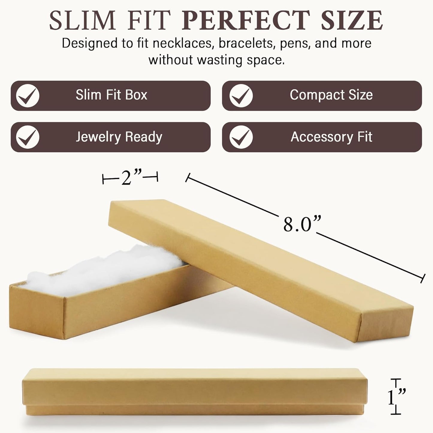 RJ Displays 6 Pack Cotton Brown Kraft Color paper Cardboard Jewelry Boxes for Bracelets, Necklace boxes, Watch & Small Gifts box, Jewelry Gift Boxes Size 8" x 2" x 1" Inch -(Brown Kraft)