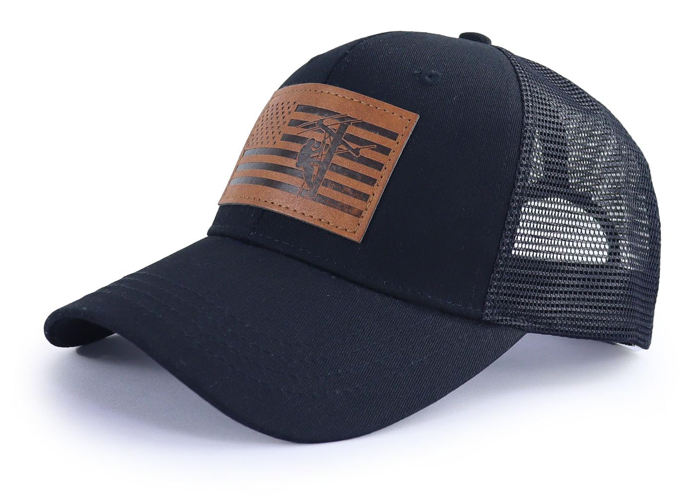 American Flag with Lineman Hats for Men, Adjustable Leather Patch Electrician Baseball Cap