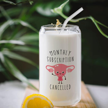 Hysterectomy Recovery Gifts - Monthly Subscription Cancelled Glass Cup with Lids and Straws 14oz, Get Well Soon Gifts for Women, Glass Coffee Tumbler Drinking Jars with Cleaning Brush