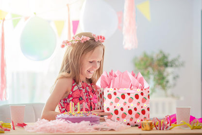 XiaosRen Large Strawberry Birthday Gift Bag with Tissue Paper and Card, Pink Gift Bag for Girls Kids Birthday, Baby Shower Party Supplies.