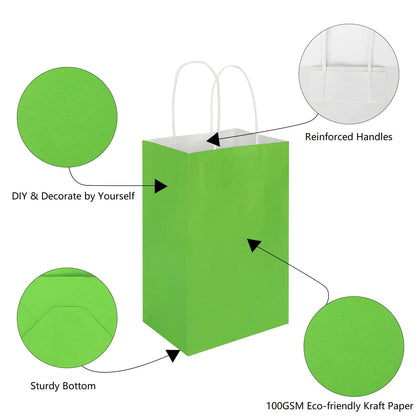 100 Pack 5.25x3.25x8.25 Inch Small Grass Green Kraft Paper Bags with Handles Bulk, Toovip Gift Wrap Bags for Favor Grocery Retail Party Birthday Shopping Business Goody Craft Merchandise Takeout Sacks