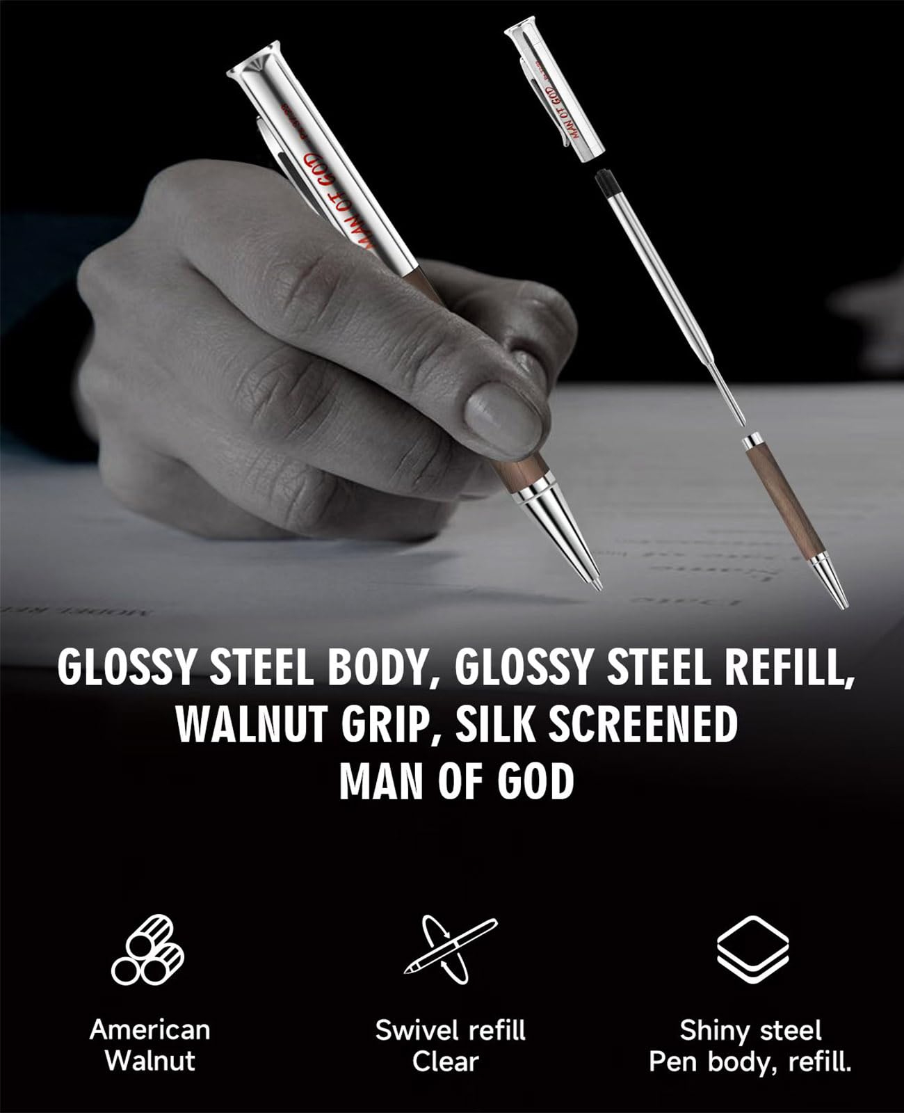 Christian Gifts for Men: Engraved Man of God Luxury Walnut Wood Rollerball Pen - Perfect Pastor Appreciation, Father's Day & Christian Graduation Gifts