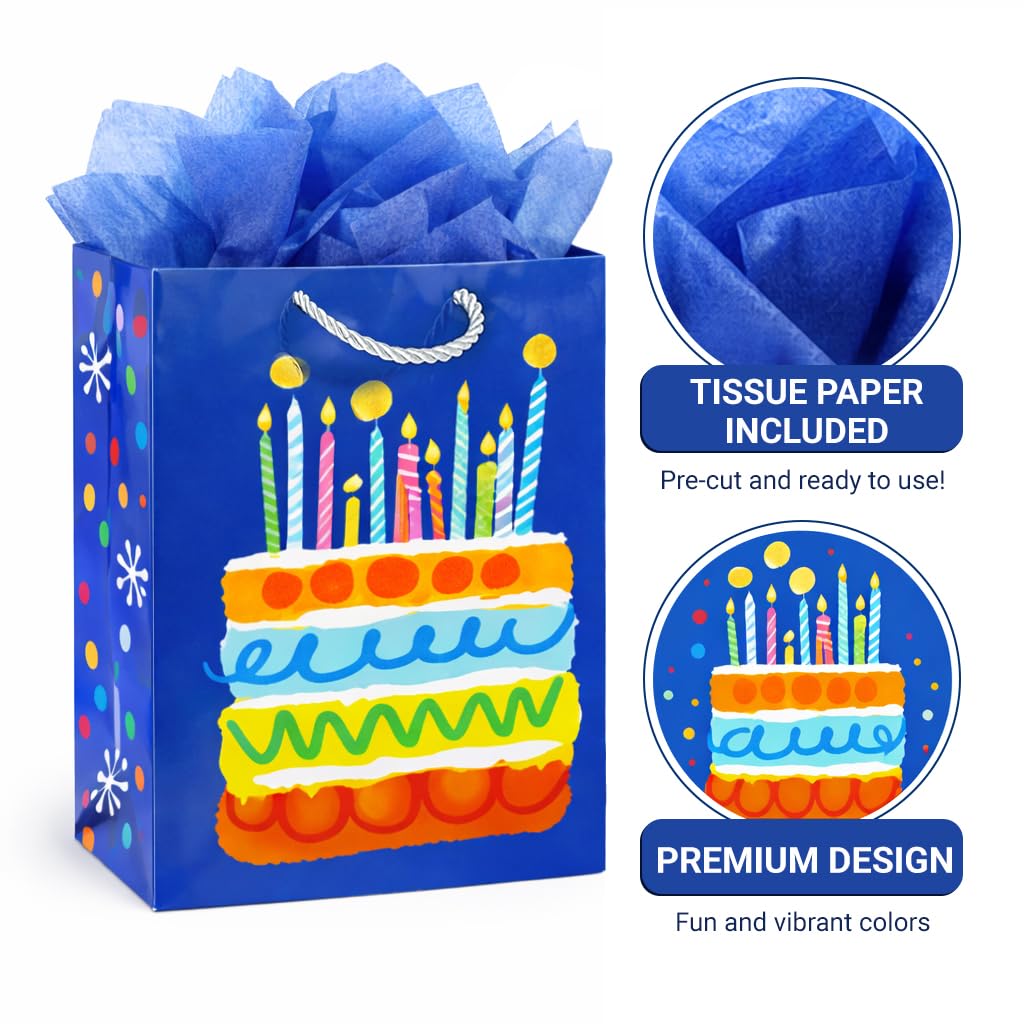 Party Funny Kids Blue Birthday Gift Bags with Tissue Paper, 2 Pack 13" Medium Paper Gift Bag Set with Handles, Colorful Cake and Happy Birthday Present Bags for Boys