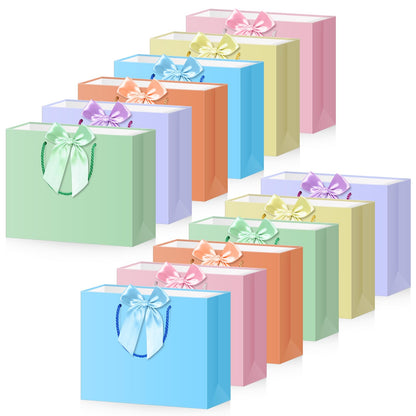Sabary 12 Pcs Pastel Birthday Gift Bags with Handles and 24 Pre-tied Decorative Ribbon Rows, 12.6" x 9.8" x 4.3" Large Thank You Gift Bags for Easter Baby Shower Wedding Gifts Wrapping Party Supplies