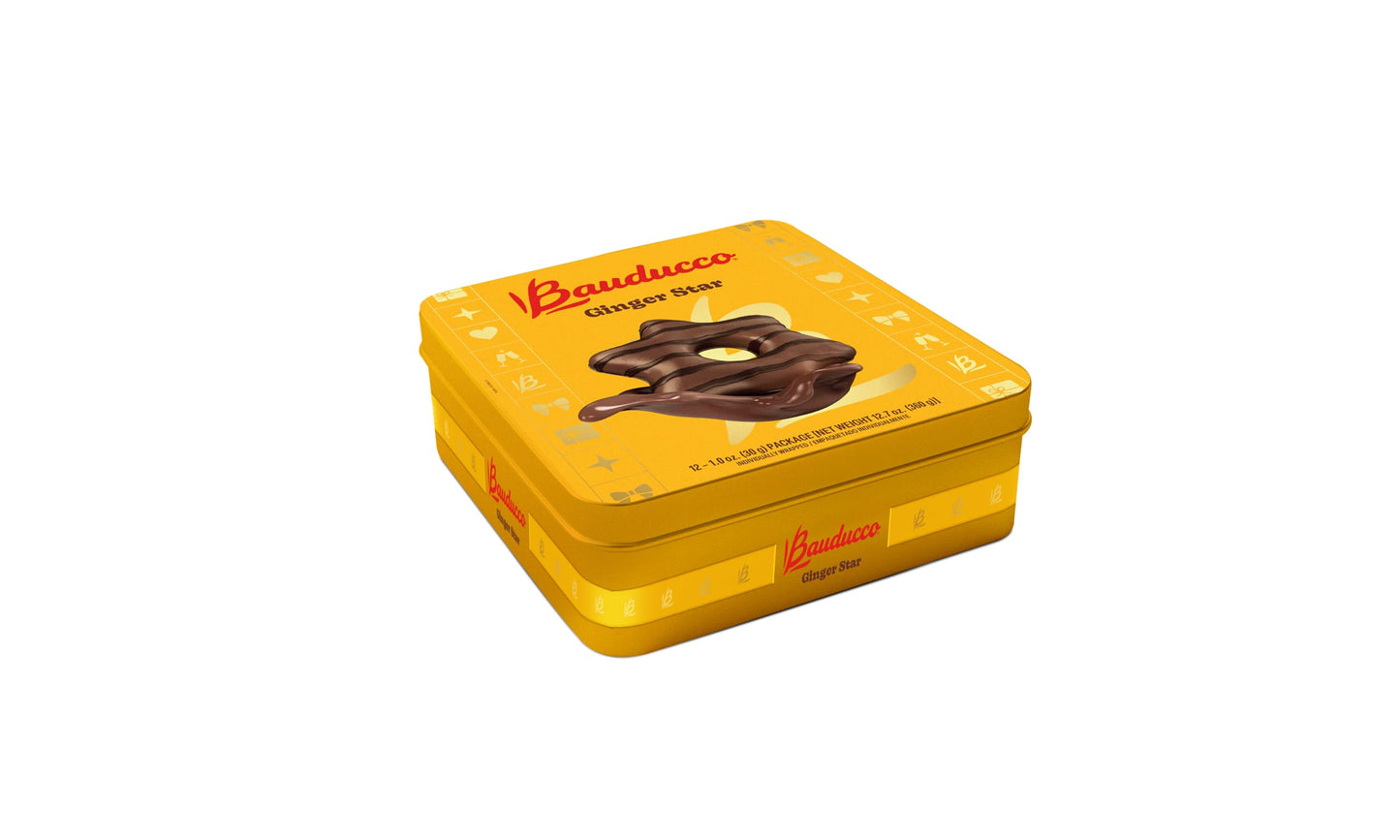 Ginger Star Giftable Tin 5.7oz (Pack of 12) - Crispy & Delicious Chocolate covered Cookies, Individually Wrapped for Snacks, Dessert & holiday gifting - 1 Cookie per Pack