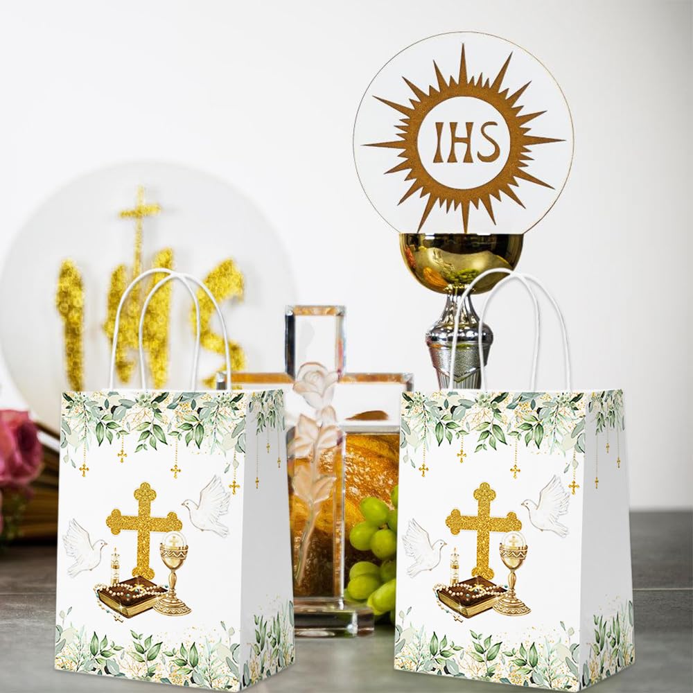 AIBIIN 24PCS Baptism Gift Bags with Handles Greenery Christening First Holy Communion Party Favors Mi Primera Comunion God Bless Goodie Treat Candy Paper Bags Party Decorations Supplies