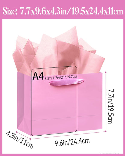 qiqee 5PCS Pink Gift Bags with Ribbon Handles 9.6"x7.9"x4.3" Medium Size Gift Bags (Tissue Paper included, Medium Wide)
