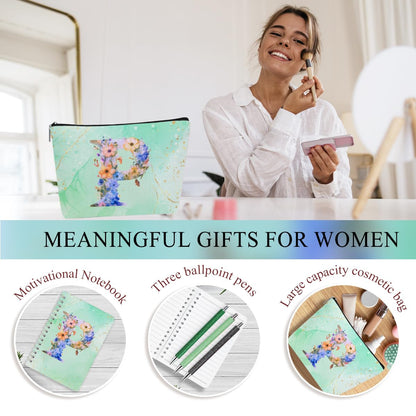 Personalized Gifts Monogrammed Birthday Gifts for Women, Mommy, Female Going Away Christmas, Initial 20 oz Tumbler, Makeup Cosmetic Bag Cup Pens Journal Notebook 6 Set, (Aesthetic Green Flower P)