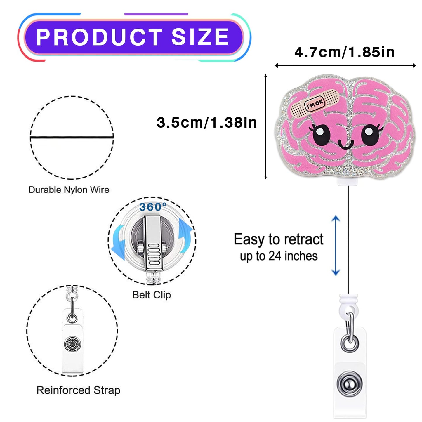 Funny Brain Badge Reel Retractable for Neurology Nurse, Neuro Nurse Brain Badge Holder for Work, Personalized Neurologist Gifts, Neuroscience Badge Holder with Alligator Clip & 24” Durable Nylon Cord