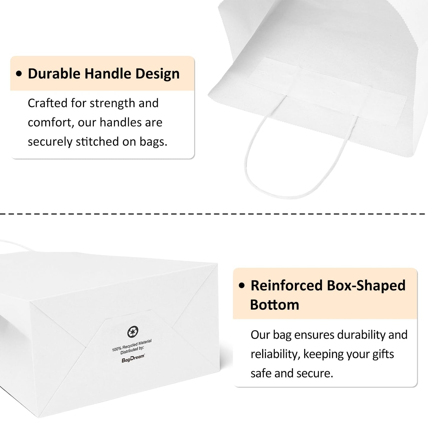 BagDream 50Pcs Gift Bags 8x4.25x10.5 Kraft Paper Gift Bags with Handles Bulk for Shopping, Wedding, Party Favor, Merchandise, Retail, White Paper Grocery Sacks