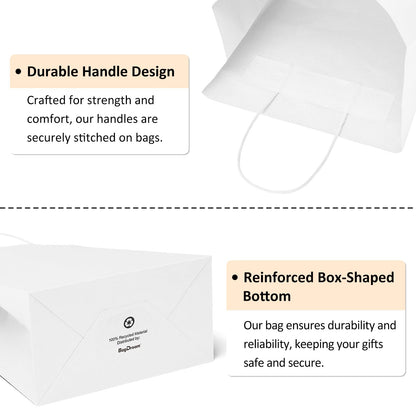 BagDream 50Pcs Gift Bags 8x4.25x10.5 Kraft Paper Gift Bags with Handles Bulk for Shopping, Wedding, Party Favor, Merchandise, Retail, White Paper Grocery Sacks