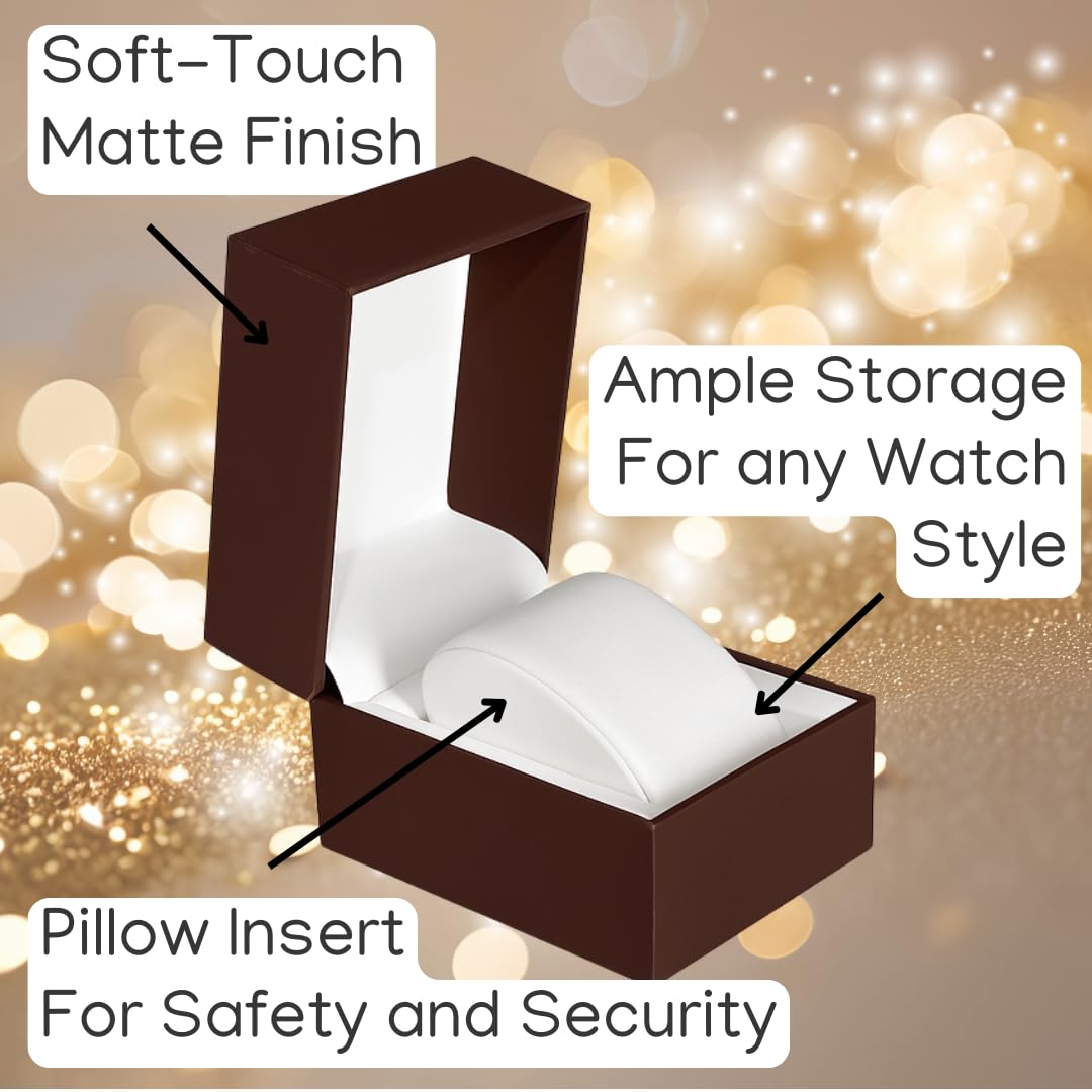 Prestige & Fancy Premium Brown Watch Gift Box with Pillow Single Watch Case Storage Box PU Wristwatch Display Case Organizer for Men and Women for Christmas, Birthdays, Anniversary