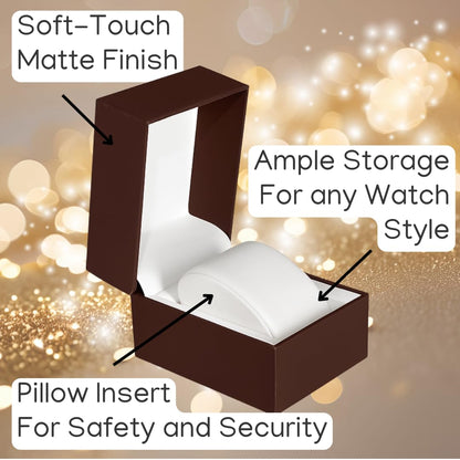 Prestige & Fancy Premium Brown Watch Gift Box with Pillow Single Watch Case Storage Box PU Wristwatch Display Case Organizer for Men and Women for Christmas, Birthdays, Anniversary