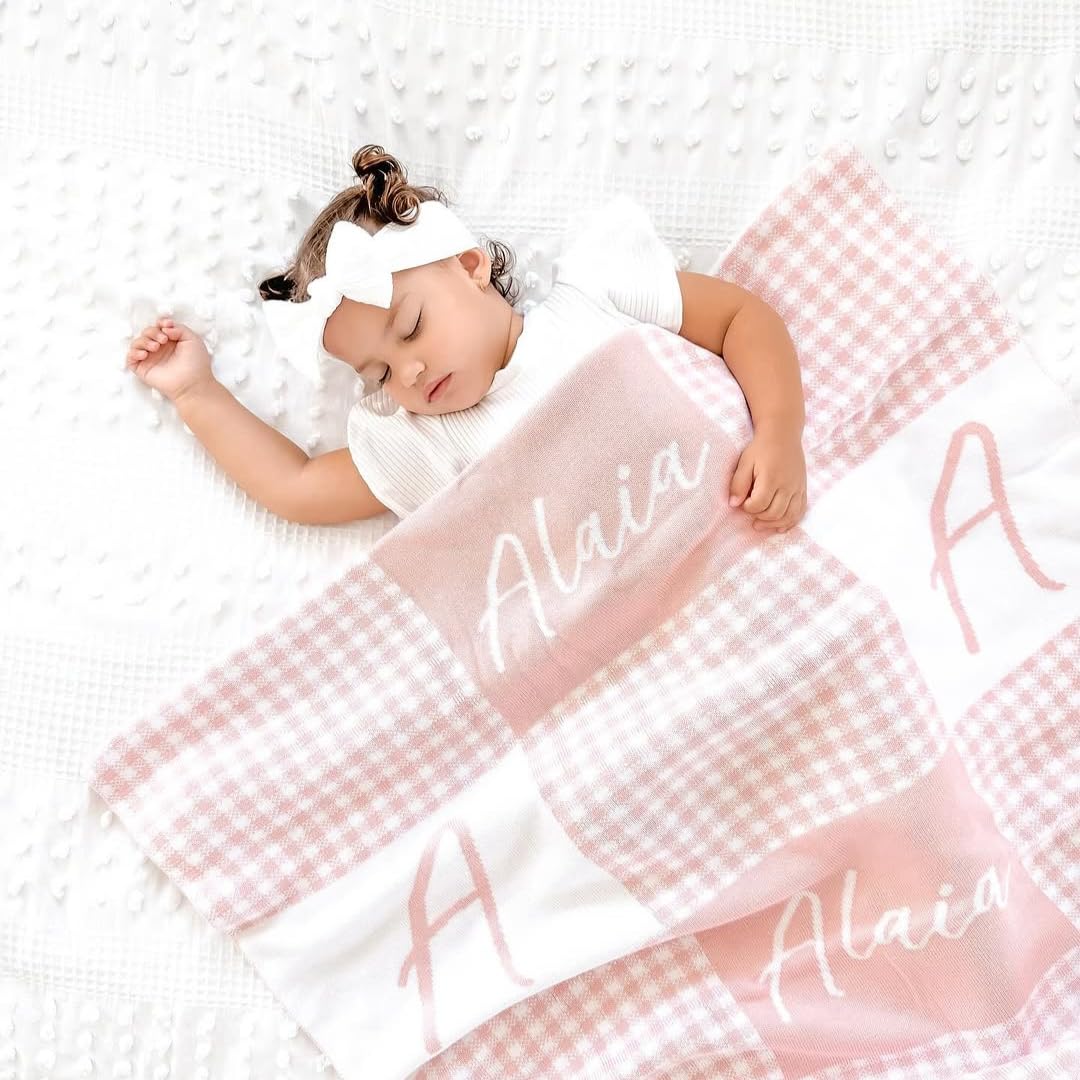 Personalized Signature Gingham Blanket – 100% Organic Cotton Customized Baby Blanket, Custom Name, Bassinet 30x40, Gift for Baby Shower, Birthday Present, Girls and Boys, Toddler Kids, Made In America