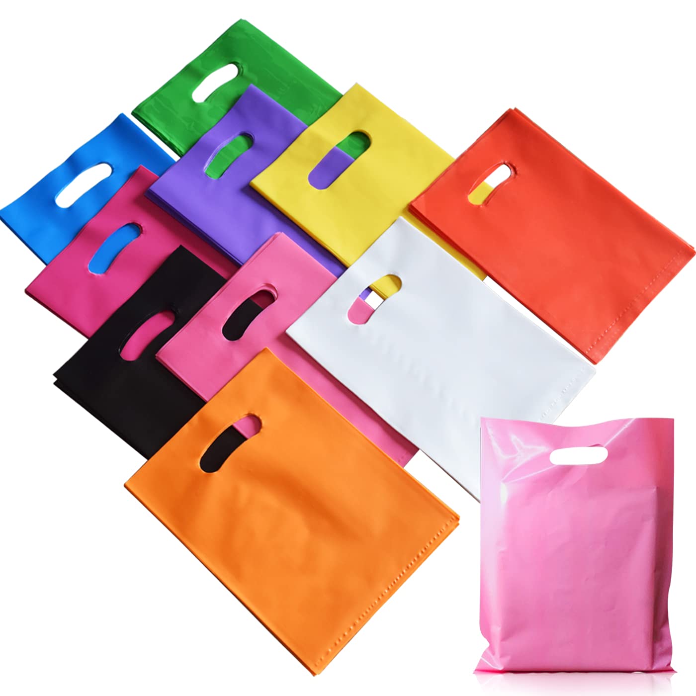 Plastic Party Favor Small Gift Bags, 100 PCS 6" x 8" Goodie Bags for Kids, Candy Treat Pouches Bulk with Handle for Kids' Birthday Party, Thanksgiving, Christmas, Halloween, 10 Colors