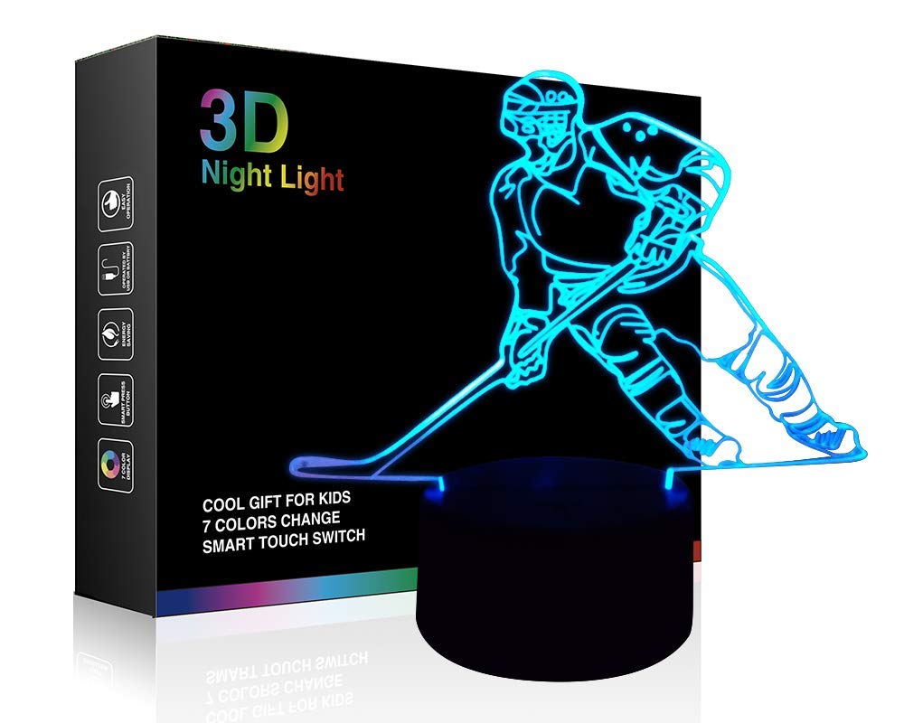 Ticent Hockey Night Light - 3D Player Lamp with 7 Color Changing LED for Kids' Rooms - Touch Control Desk Lamp for Hockey Fans