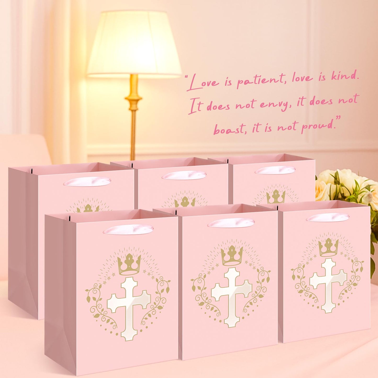 Humyoun 6 Pcs Pink Baptism Christian Religious Gift Bags with Cross Design Bulk 10.6 x8.2 x5.5 First Communion Baptism Confirmation Gift Bag for Baby Wedding Easter Clergy Day