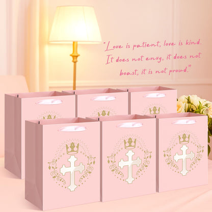 Humyoun 6 Pcs Pink Baptism Christian Religious Gift Bags with Cross Design Bulk 10.6 x8.2 x5.5 First Communion Baptism Confirmation Gift Bag for Baby Wedding Easter Clergy Day