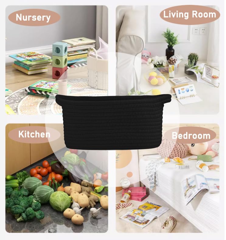 Poschnor Gift Basket Empty, Small Woven Rope Basket, Toy Storage Basket for Baby and Pet, with Gift Bags and Ribbons, 12"X 8" X 5", Black