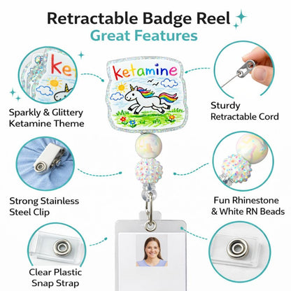 Anesthesia Unicorn Badge Reel Ketamine Propofol Retractable ID Name Holder ER ICU Hospital Clinic Accessories Gift for Anesthesiologist CRNA Surgical Tech Pharmacy Technician Psych Nurse