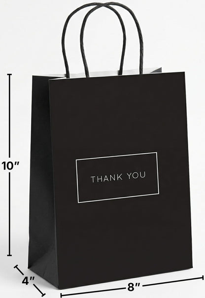 Purple Q Crafts Small Paper Thank You Gift Bags with Handles – 8x4x10 Inches, Strong Quality 50 Pack Black Shopping Bags with Thank You Logo