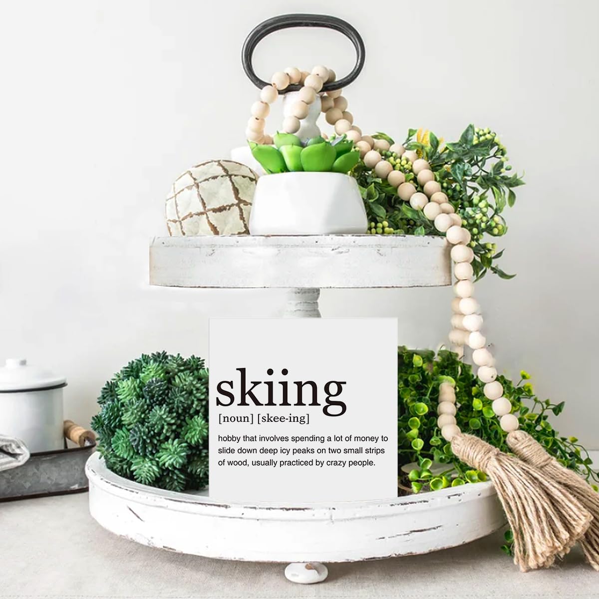 Dumyum Skier Gift Skiing Definition Wooden Box Sign Ski Quotes Desk Decorative Wooden Sign Home Decor for Desk Table Shelf (5 x 5 Inches), Medium