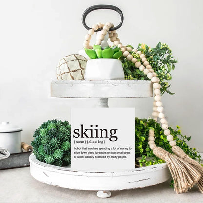 Dumyum Skier Gift Skiing Definition Wooden Box Sign Ski Quotes Desk Decorative Wooden Sign Home Decor for Desk Table Shelf (5 x 5 Inches), Medium